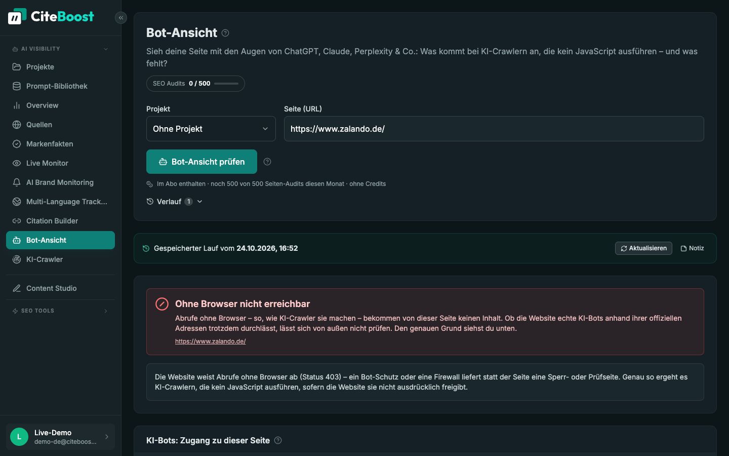 Bot-Ansicht in CiteBoost: Zalando weist Abrufe ohne Browser ab, so wie KI-Crawler sie machen