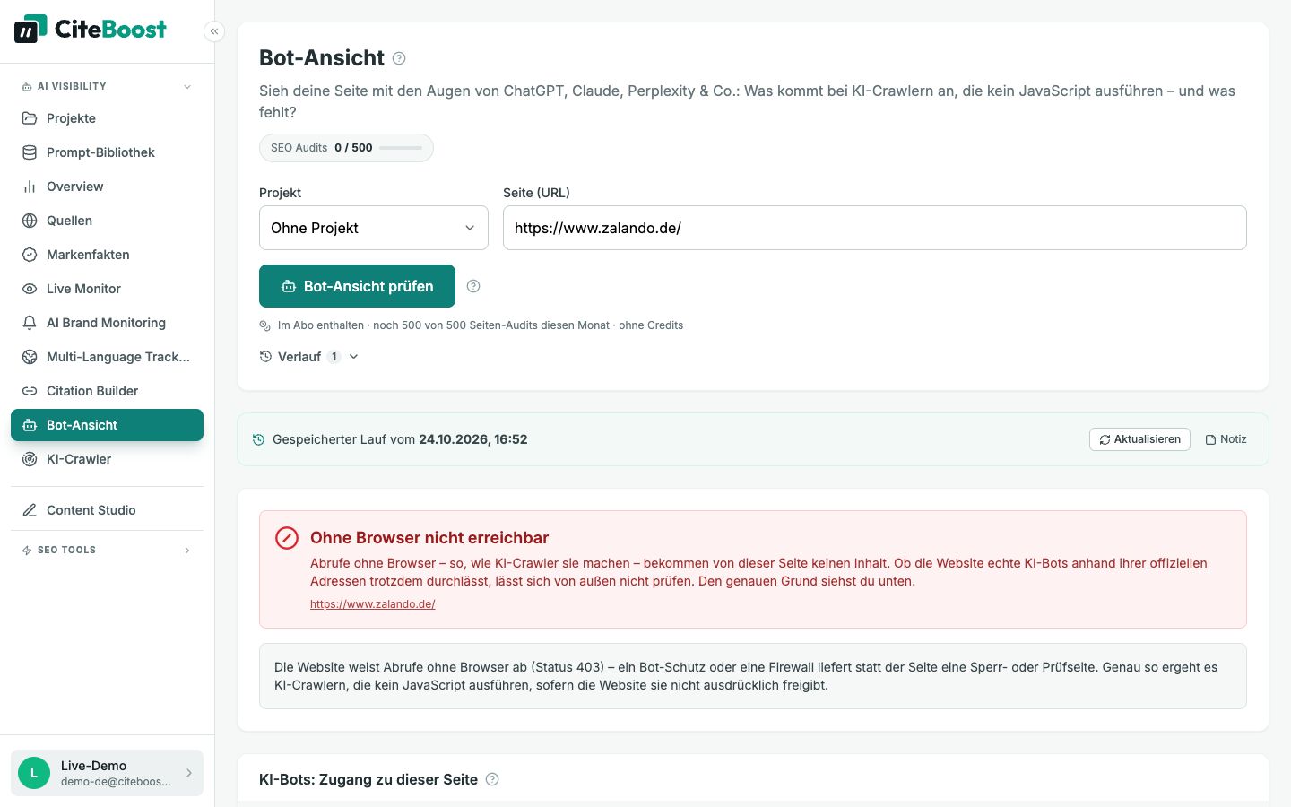 Bot-Ansicht in CiteBoost: Zalando weist Abrufe ohne Browser ab, so wie KI-Crawler sie machen