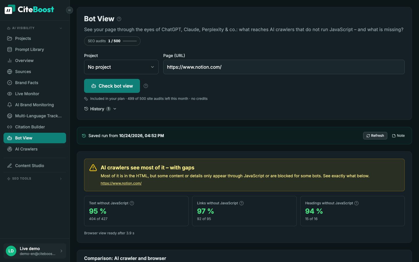 Bot view in CiteBoost: notion.com without JavaScript compared with the rendered page