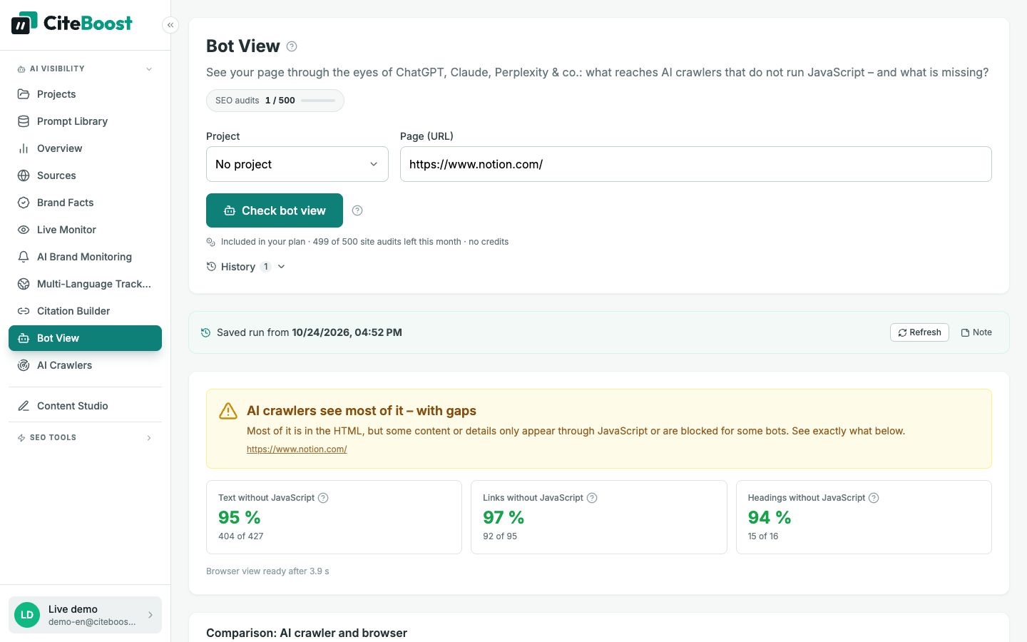 Bot view in CiteBoost: notion.com without JavaScript compared with the rendered page