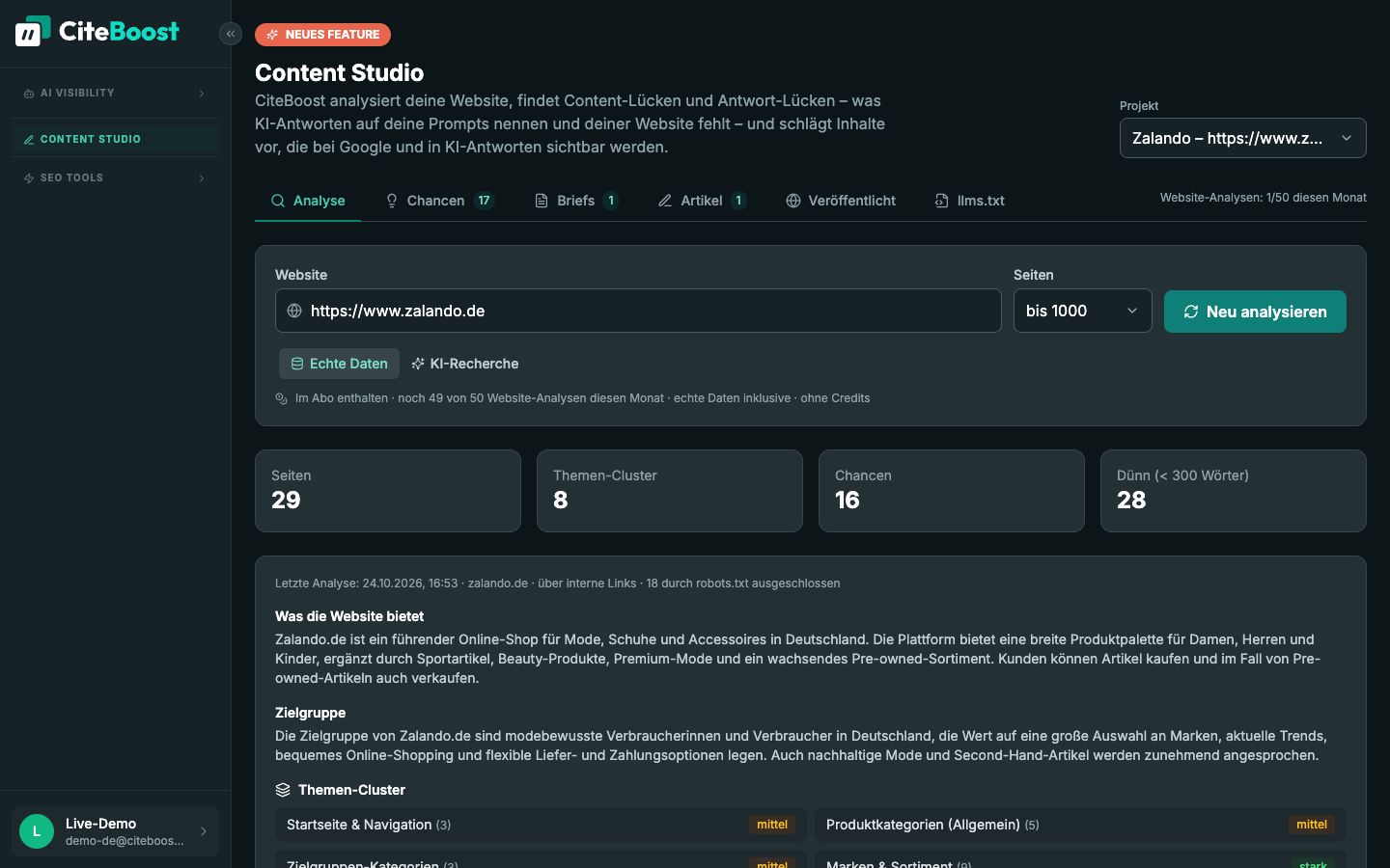 Content Studio in CiteBoost: Website-Analyse von zalando.de mit Seiten, Themen-Clustern und Chancen