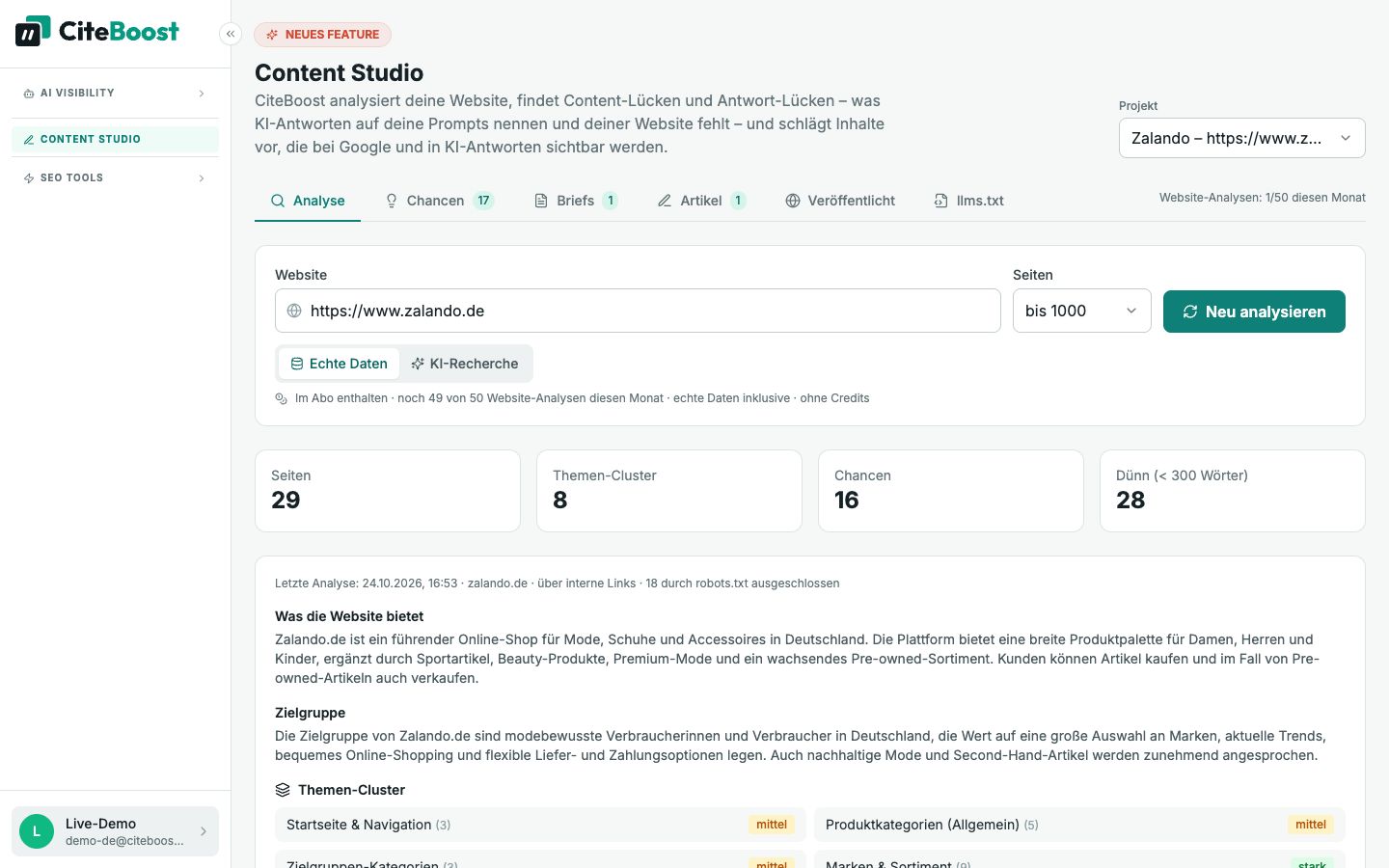 Content Studio in CiteBoost: Website-Analyse von zalando.de mit Seiten, Themen-Clustern und Chancen