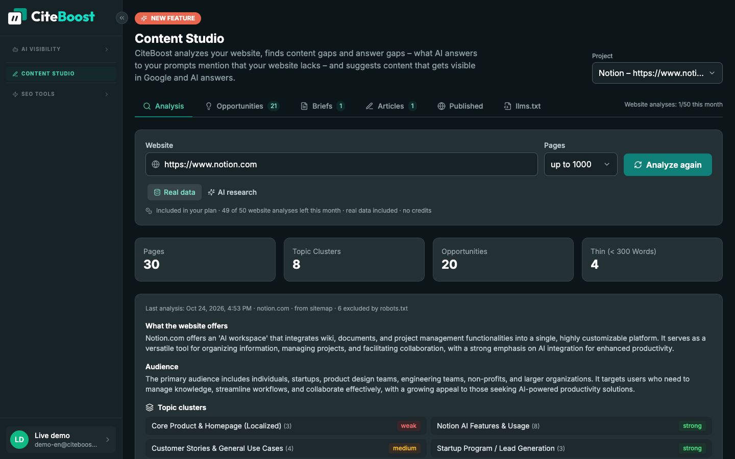 Content Studio in CiteBoost: website analysis of notion.com with pages, topic clusters and opportunities