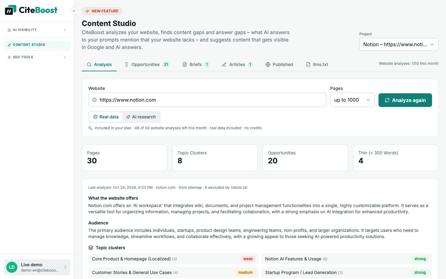 Content Studio in CiteBoost: website analysis of notion.com with pages, topic clusters and opportunities