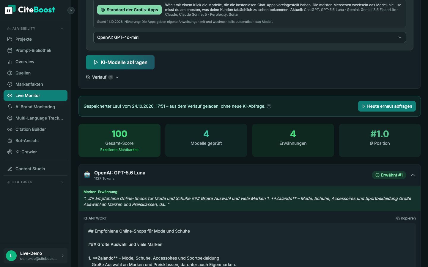 Live Monitor in CiteBoost: Abfrage zu Online-Shops für Mode und Schuhe mit vier KI-Modellen
