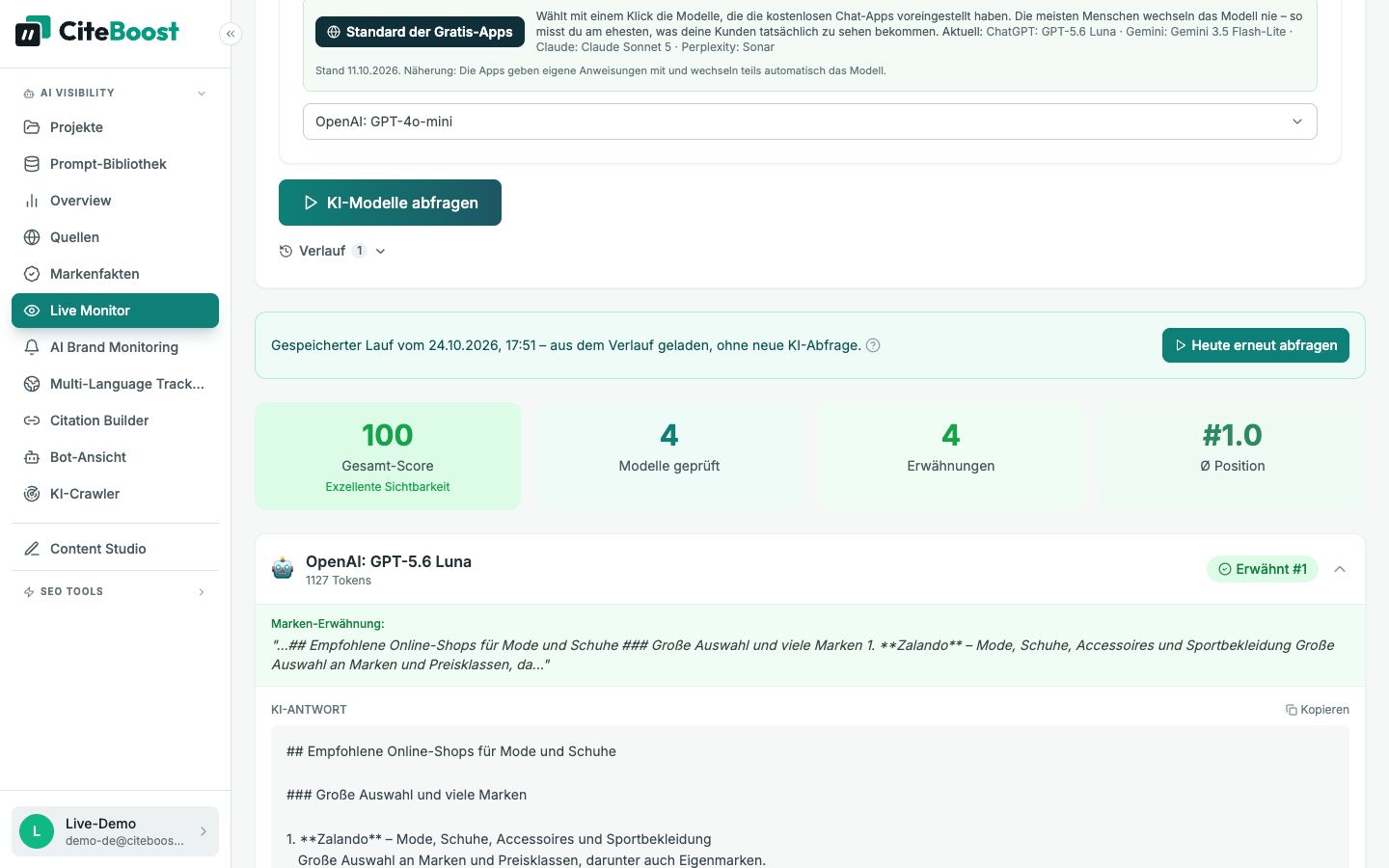 Live Monitor in CiteBoost: Abfrage zu Online-Shops für Mode und Schuhe mit vier KI-Modellen