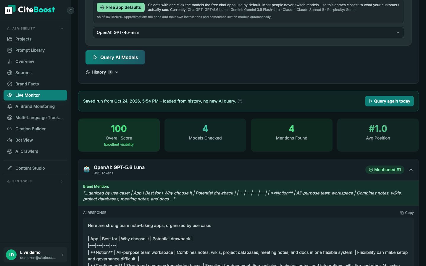 Live Monitor in CiteBoost: query about note-taking apps for teams with four AI models