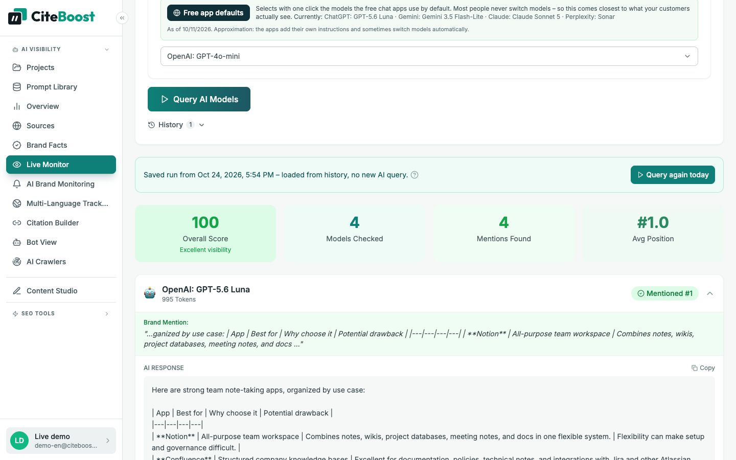 Live Monitor in CiteBoost: query about note-taking apps for teams with four AI models