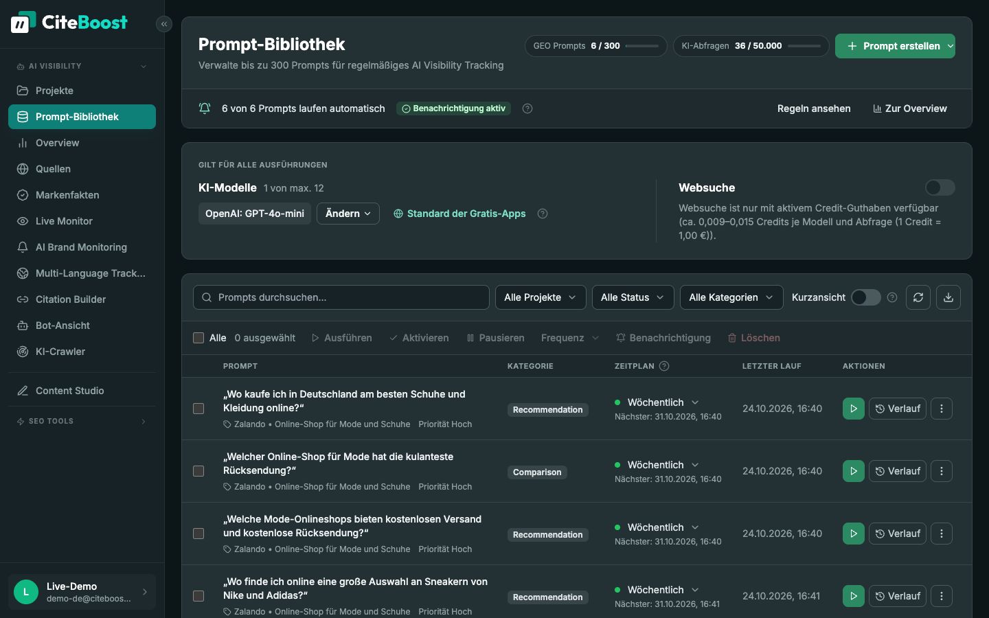 Prompt-Bibliothek in CiteBoost: Fragen zu Online-Mode mit wöchentlichem Zeitplan und letzten Läufen