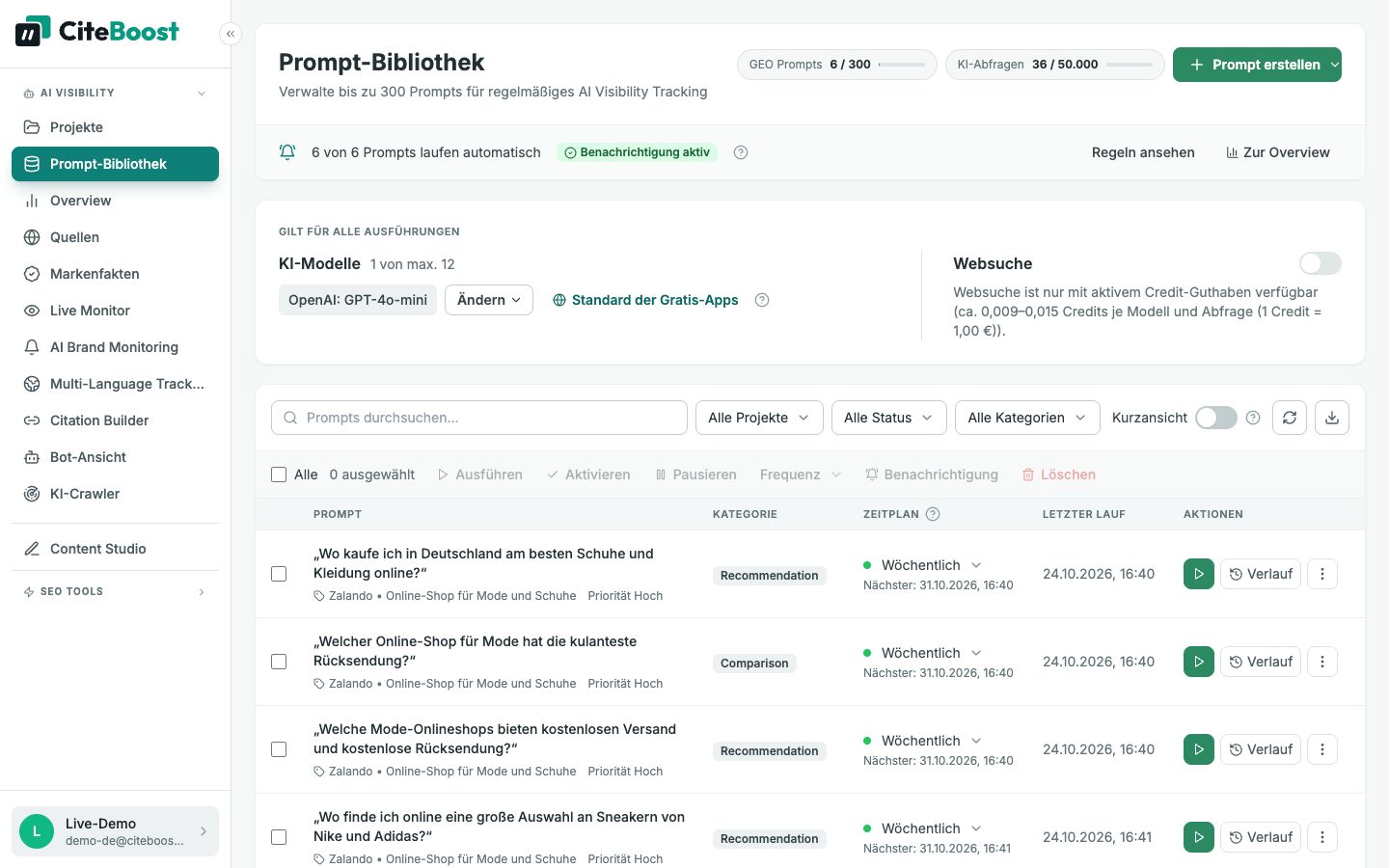 Prompt-Bibliothek in CiteBoost: Fragen zu Online-Mode mit wöchentlichem Zeitplan und letzten Läufen