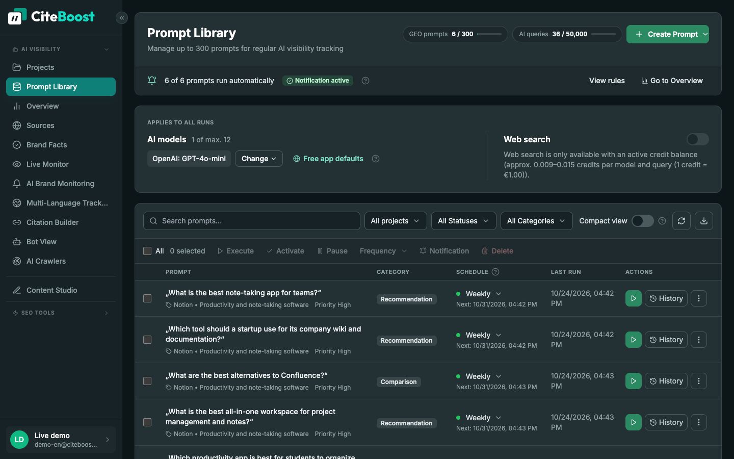 Prompt library in CiteBoost: questions about note-taking apps with weekly schedule and latest runs