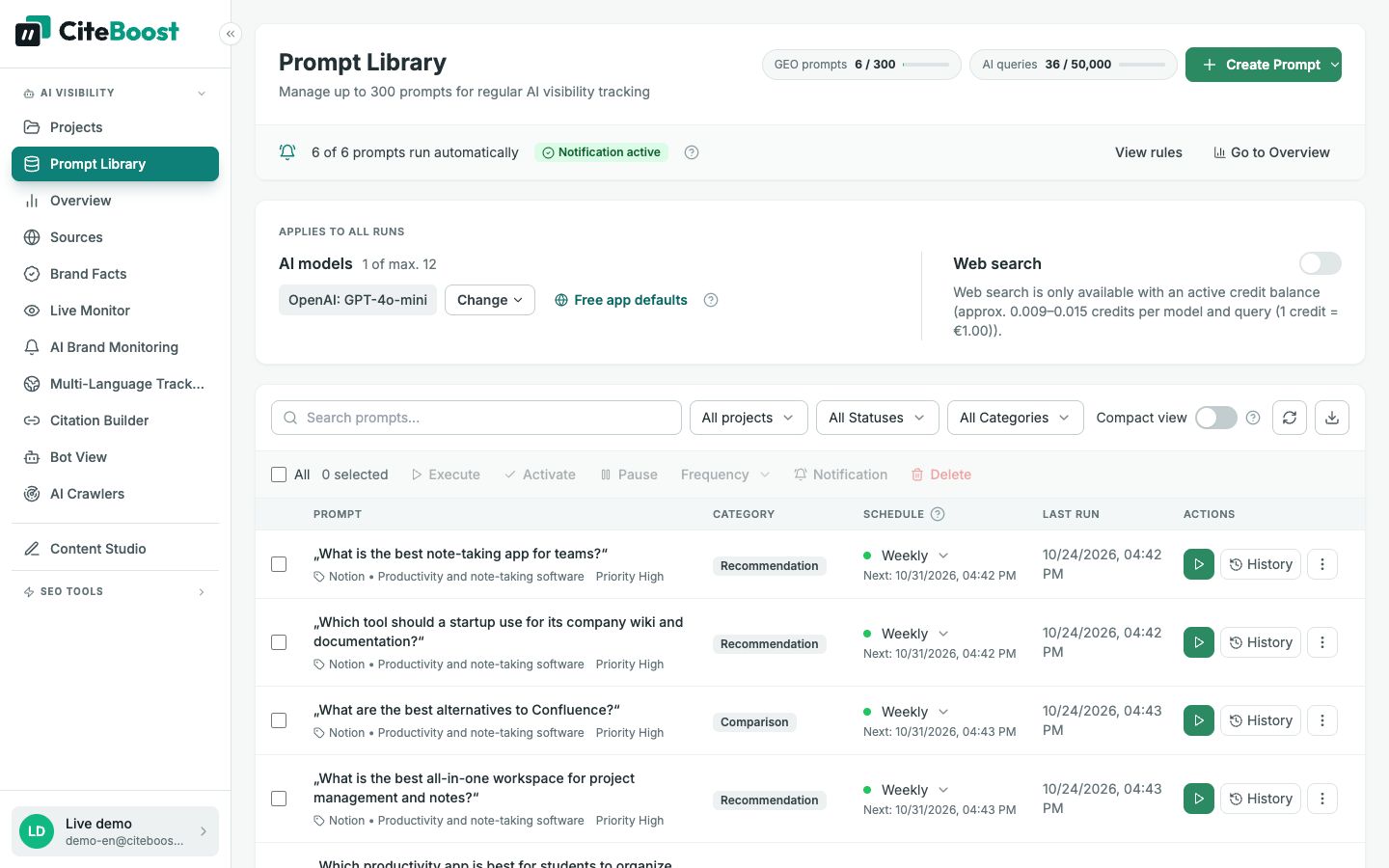 Prompt library in CiteBoost: questions about note-taking apps with weekly schedule and latest runs